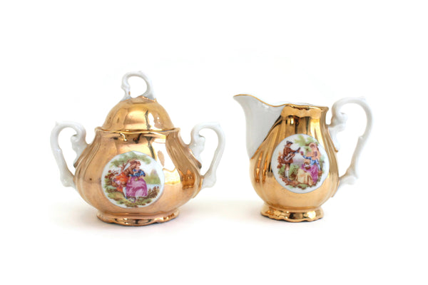 Vintage White, Gold & Pink West Germany Fragonard Porcelain Cream & Sugar Set