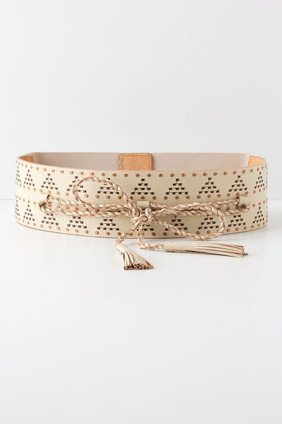New Anthropologie Beige Leather Embroidered "Jacumba Tassel Belt" with Bow, Size M