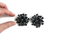 Vintage Large Black Flower & Clear Rhinestone Clip-On Earrings