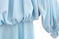 Vintage Shiny Blue 3/4 Sleeve Pleated Maxi Dress Loungewear