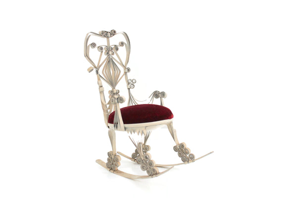 Vintage White Tramp Art Tin Quilled Deep Red Velvet Rocking Chair Pincushion