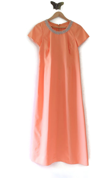 Vintage Peach & Silver Embellished Applique Maxi Dress
