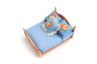 Vintage 1:12 Miniature Dollhouse Peach Plastic Bed with Blue Bedding