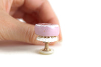 Vintage 1:12 Miniature Dollhouse Pink & White Cake with Red Hearts on White & Gold Cake Stand