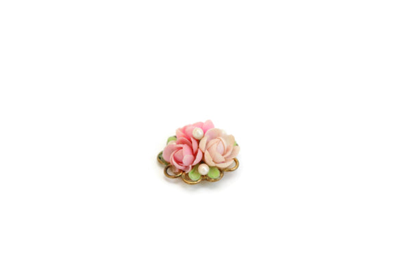 Vintage Jewelry Cabochon or Miniature Dollhouse Pink & Gold Flower Arrangement
