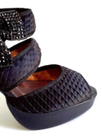 New Poetic Licence Black Satin Rhinestone "Mistletoe Kisses" Platform Heels, Size 9 / 40, Originally $129