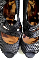 New Poetic Licence Black Satin Rhinestone "Mistletoe Kisses" Platform Heels, Size 9 / 40, Originally $129