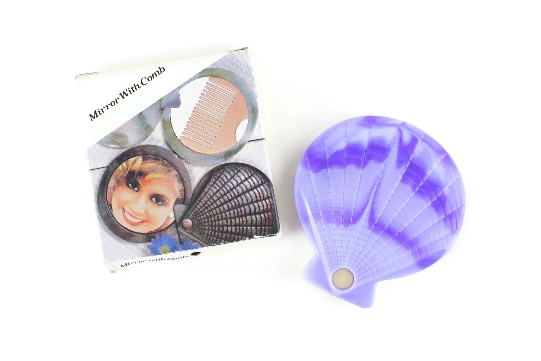 Vintage Purple Seashell Compact Mirror with Comb in Original Box