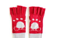 Vintage Red & Gray Bow Print & Polka Dot Long Knit Fingerless Gloves