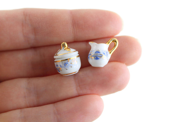 Vintage 1:12 Miniature Dollhouse Reutter Porzellan Blue Floral Cream & Sugar Set