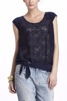 New Anthropologie Navy Blue Lace Knotted "Riley Tee" by Vanessa Virginia, Size L, Originally $68
