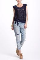 New Anthropologie Navy Blue Lace Knotted "Riley Tee" by Vanessa Virginia, Size L, Originally $68