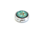 Vintage Round Silver & Blue Patterned Divided Pill Box or Pill Case