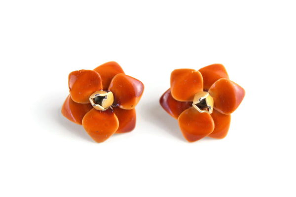 Vintage Rust Orange Enamel Flower Clip-On Earrings