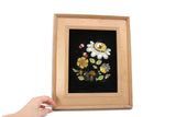 Vintage Framed 16" x 13.5" Black Velvet & Floral Botanical Art Sequin Mosaic