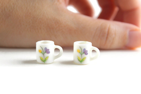 Set of 2 Vintage 1:12 Miniature Dollhouse Purple & Yellow Floral Mugs