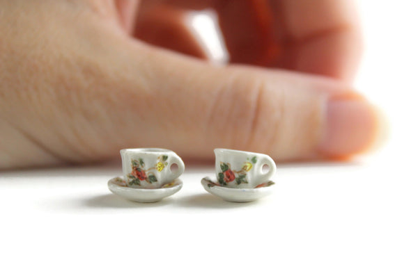 Set of 2 Vintage 1:12 Miniature Dollhouse White & Pink Floral Teacups & Saucers