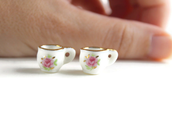 Set of 2 Vintage 1:12 Miniature Dollhouse White & Pink Floral Teacups or Mugs