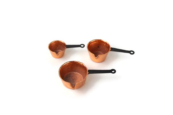 Set of 3 Vintage 1:12 Miniature Dollhouse Copper Pots or Saucepans with Spouts