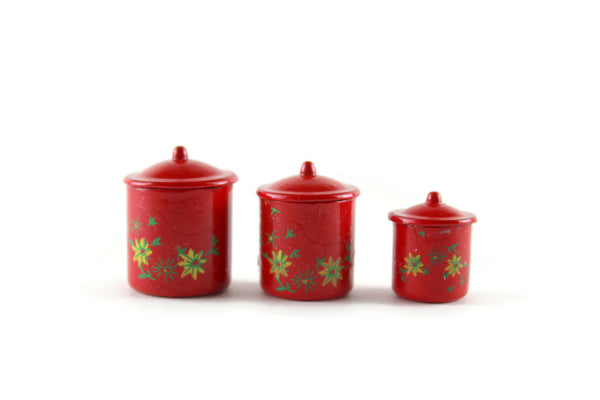 Vintage 1:12 Set of 3 Miniature Dollhouse Red Metal Canisters