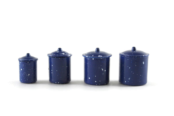 Set of 4 Vintage 1:12 Miniature Dollhouse Blue Spatterware Canisters