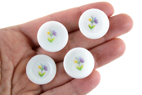Set of 4 Vintage 1:12 Miniature Dollhouse White Porcelain Dinner Plates with Purple & Yellow Flowers