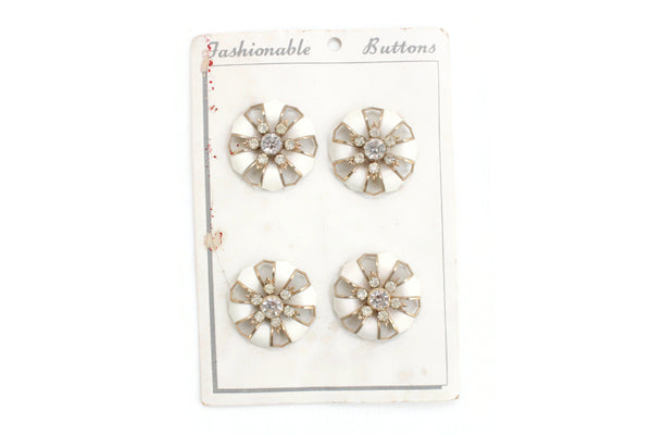 Vintage Set of 4 Large Silver & White Rhinestone Coat Buttons