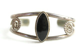 Vintage Silver Cuff Bracelet with Twisted Scroll Details & Center Black Stone