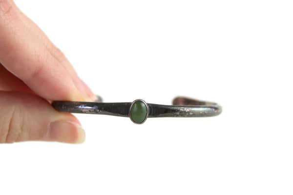 Vintage Thin Silver Cuff Bracelet with Center Green Stone