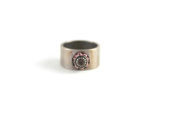 Vintage Silver Plate Solid Band Ring with Round Pink Rhinestones, Size 5.5