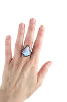 Vintage Silver Plate Geometric Opalescent Moonstone Ring, Size 7