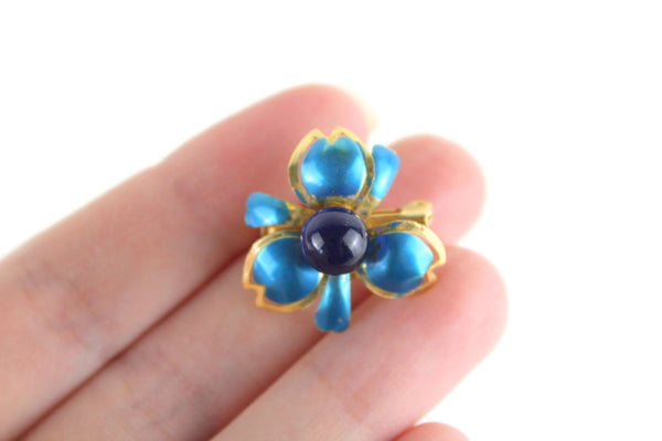Small Vintage Blue & Gold Enamel Flower Brooch