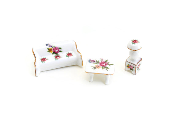 Vintage Small Scale Miniature Dollhouse White & Floral Porcelain Furniture Set with Table, Sofa & Lamp