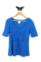 New Anthropologie Bright Blue "Smocked Sabine V-Neck" by Deletta, Size S, Originally $48