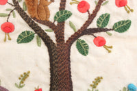 Vintage Handmade Crewel Piece with Embroidered Tree & Squirrel on Fabric