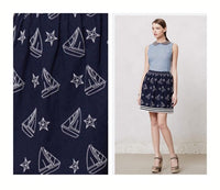 Anthropologie Navy Blue Embroidered Sailboat "Star Chart Skirt" by Postmark, Size M / L, Originally $128