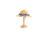 Artisan-Made Vintage Miniature Dollhouse Straw Hat with Blue Ribbons & Pink Flowers