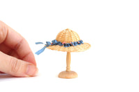 Artisan-Made Vintage Miniature Dollhouse Straw Hat with Blue Ribbons & Pink Flowers