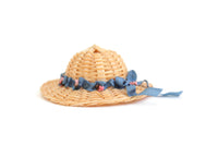 Artisan-Made Vintage Miniature Dollhouse Straw Hat with Blue Ribbons & Pink Flowers