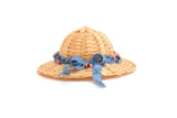 Artisan-Made Vintage Miniature Dollhouse Straw Hat with Blue Ribbons & Pink Flowers