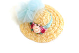 Artisan-Made Vintage 1:12 Miniature Dollhouse Straw Hat with Blue & Pink Tulle Ribbons & Flowers