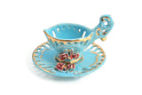 Vintage Blue & Pink Rose Porcelain Demitasse Teacup & Saucer Set