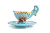 Vintage Blue & Pink Rose Porcelain Demitasse Teacup & Saucer Set