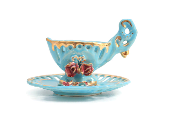Vintage Blue & Pink Rose Porcelain Demitasse Teacup & Saucer Set