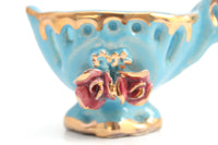 Vintage Blue & Pink Rose Porcelain Demitasse Teacup & Saucer Set