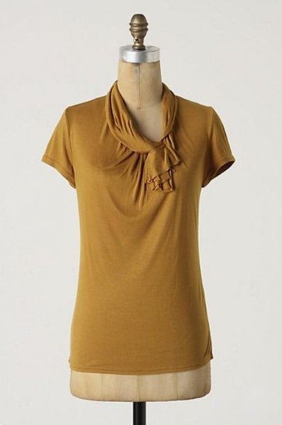 Anthropologie Gold Ruffled "Twisted Ascot Tee" by Postmark, Size S, Originally $68