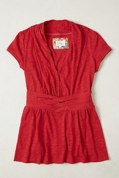 New Anthropologie Red Pleated Peplum "Waist-Weave Tee" by Deletta, Size S, Originally $48