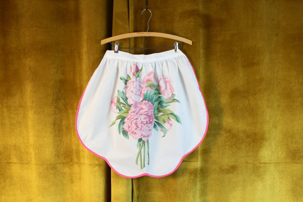 Vintage White Half Apron with Pink Rose & Greenery