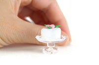 Vintage 1:12 Miniature Dollhouse White Frosted Cake with Pink Roses on Clear Cake Stand