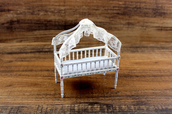 Vintage 1:12 Miniature Dollhouse White & Blue Floral Painted Baby Crib